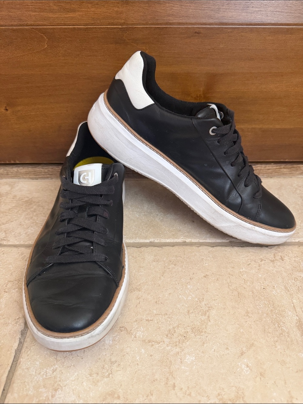 Cole Haan GrandPro Topspin Black Leather Low-Top Sneakers with White Heel Accent